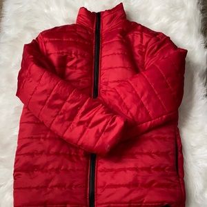 Red puffer jacket